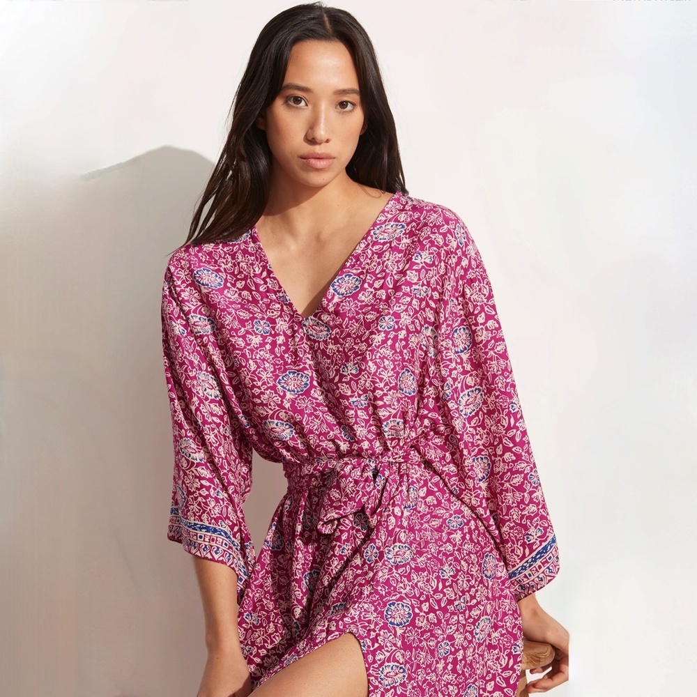 Natalie Martin Marin V-Neck Silk Bohemian Resortwear Dress With Sash in …
